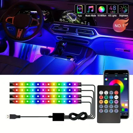 LED Car Interior Ambient Foot lamp With USB Wireless Remote Control Auto Decorative Atmosphere Neon Lamp 48 LEDS bar car Accessories